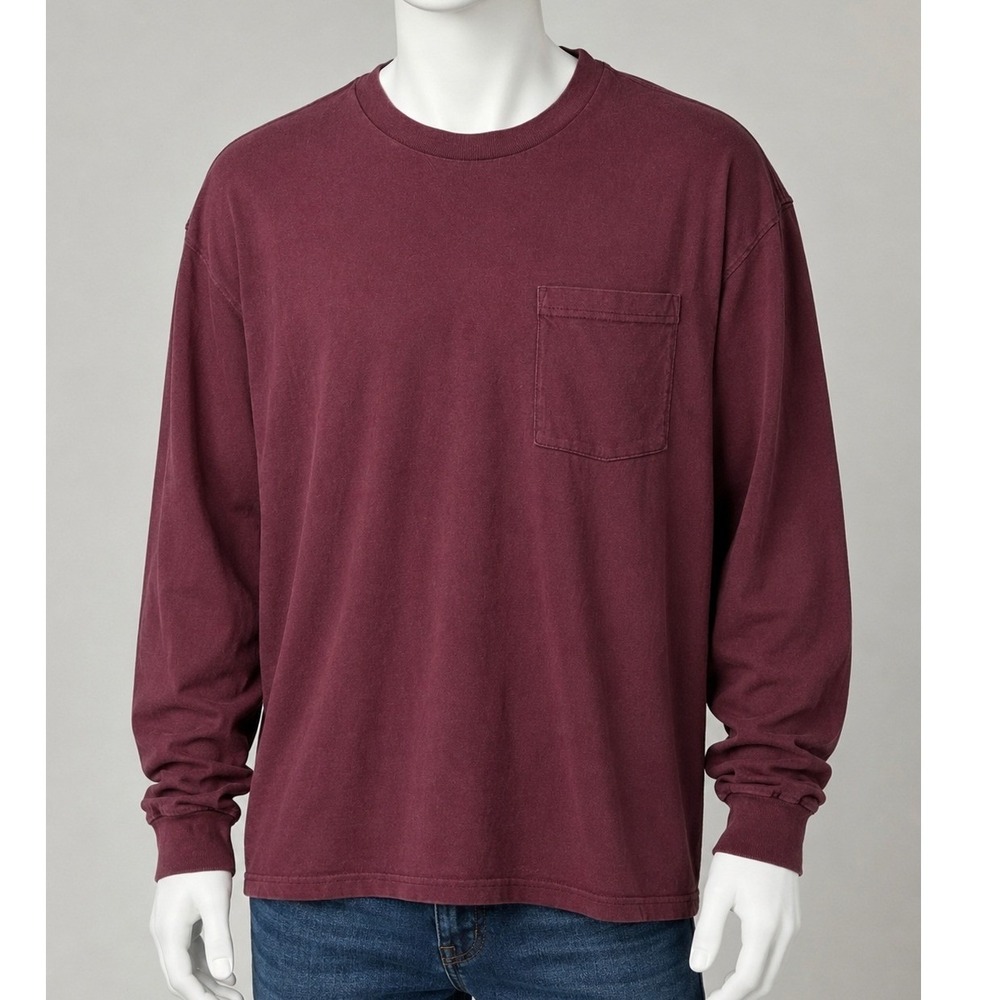 Abercrombie & Fitch Mens T-Shirt Burgundy Oversized Long Sleeve Pocket Medium